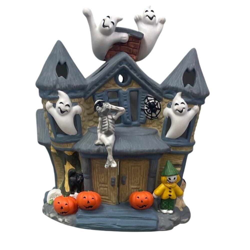 Vintage Party Lite P7311 Haunted Halloween Ceramic Tealight House Candle Holder